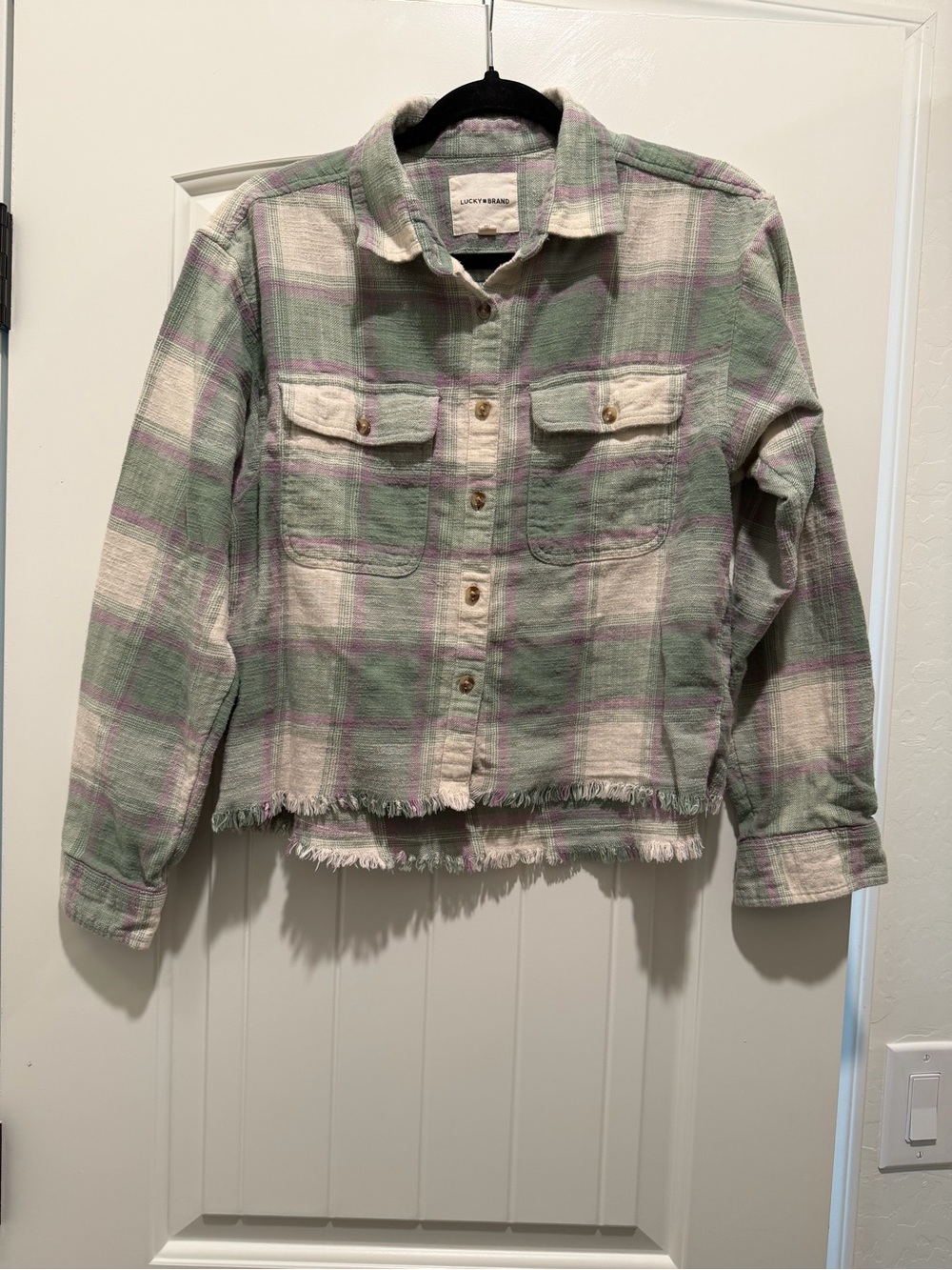 Lucky Brand Green Purple Plaid Raw Edge Cropped Flannel Shirt Cotton Small S
